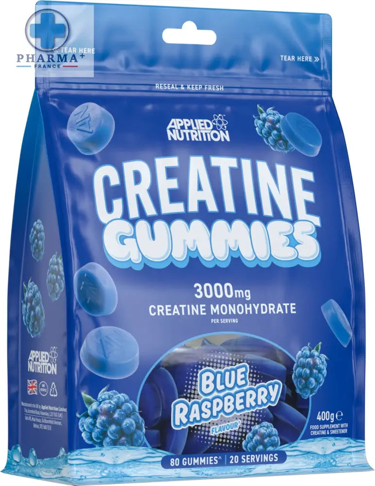 Applied nutrition créatine gélifiés saveur blue raspberry en sachet bleu refermable pour performance sportive