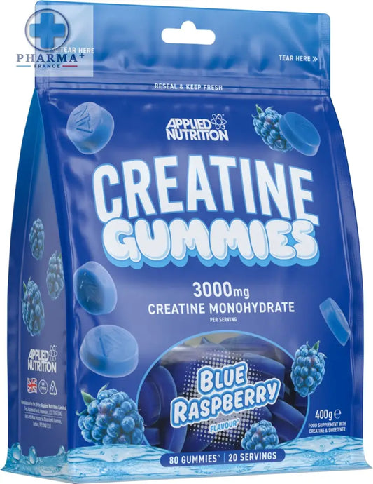 Applied nutrition créatine gélifiés saveur blue raspberry en sachet bleu refermable pour performance sportive