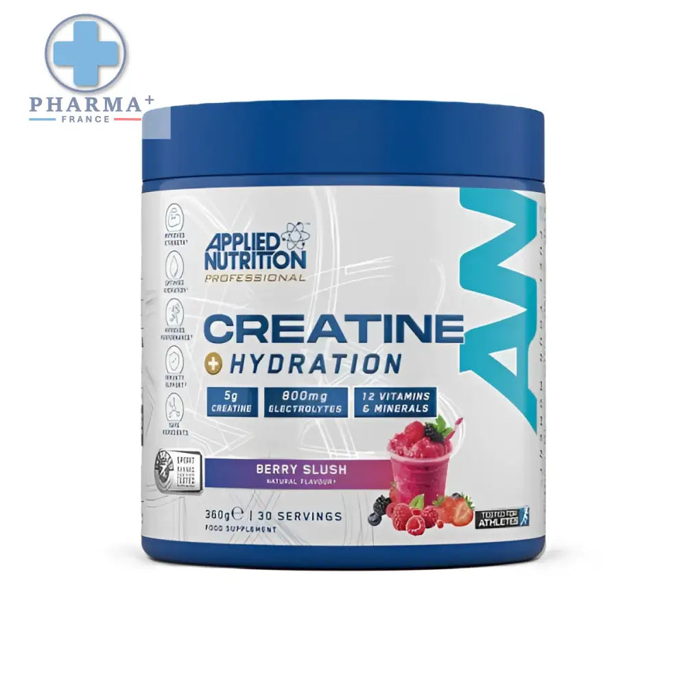 Applied nutrition créatine hydratation berry slush 500 g en contenant cylindrique bleu pour performance sportive