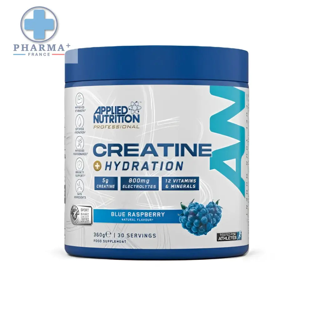 Conteneur blanc et bleu de créatine hydratation blue raspberry applied nutrition 250 g avec logo applied nutrition professional