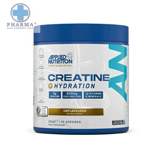 Pot de créatine monohydrate hydratation applied nutrition blanc et bleu avec accents teal 250 g