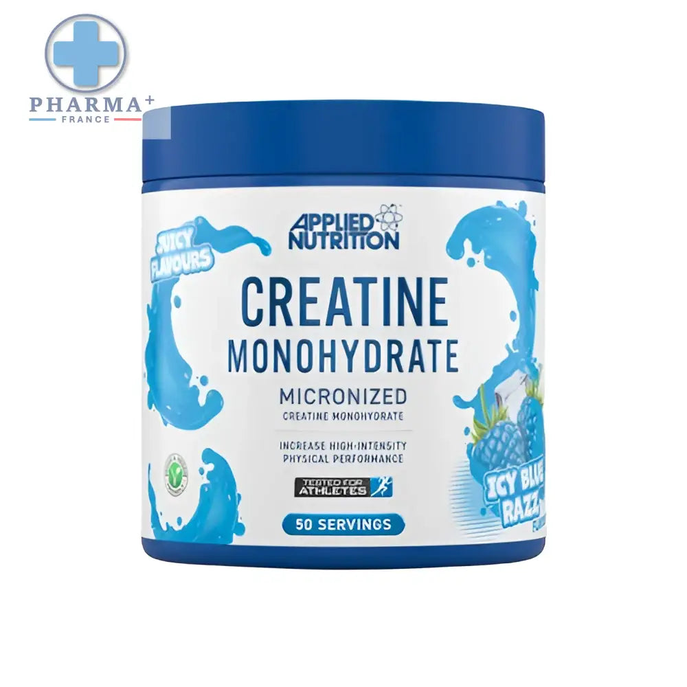 Conteneur cylindrique bleu d’applied nutrition créatine monohydrate saveur icy blue razz 250 g