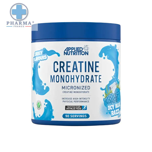 Conteneur cylindrique bleu d’applied nutrition créatine monohydrate saveur icy blue razz 250 g
