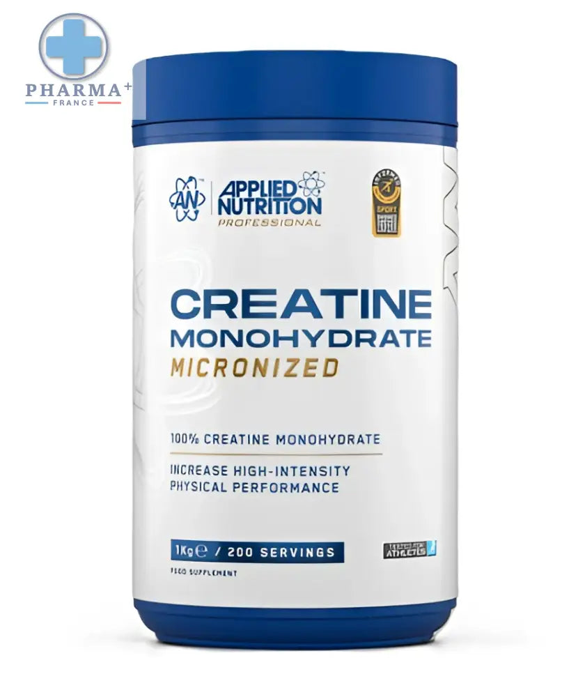 Applied nutrition créatine monohydrate micronisée 1 kg en pot cylindrique bleu et blanc pour 200 portions