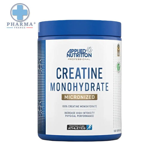 Blue and white container of applied nutrition créatine monohydrate micronisée en poudre for professional use