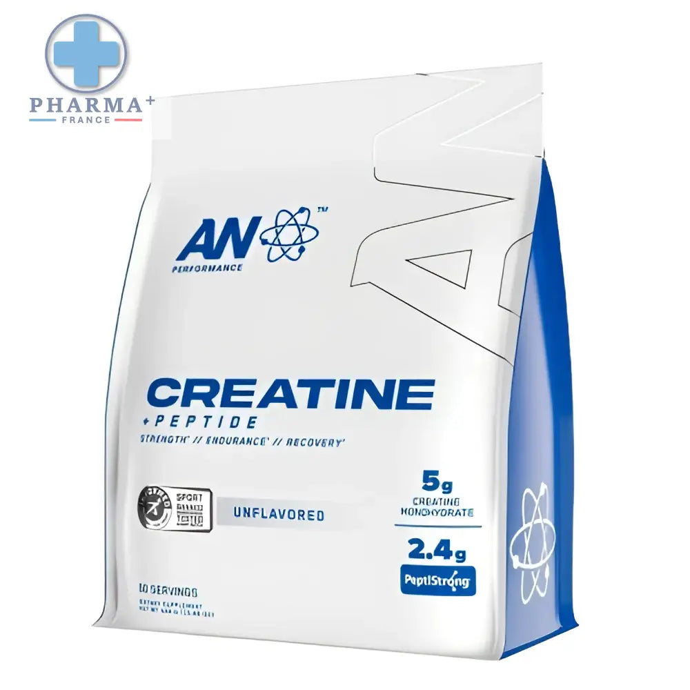 Sachet blanc et bleu de créatine monohydrate performance de applied nutrition avec design moderne et symbole atomique