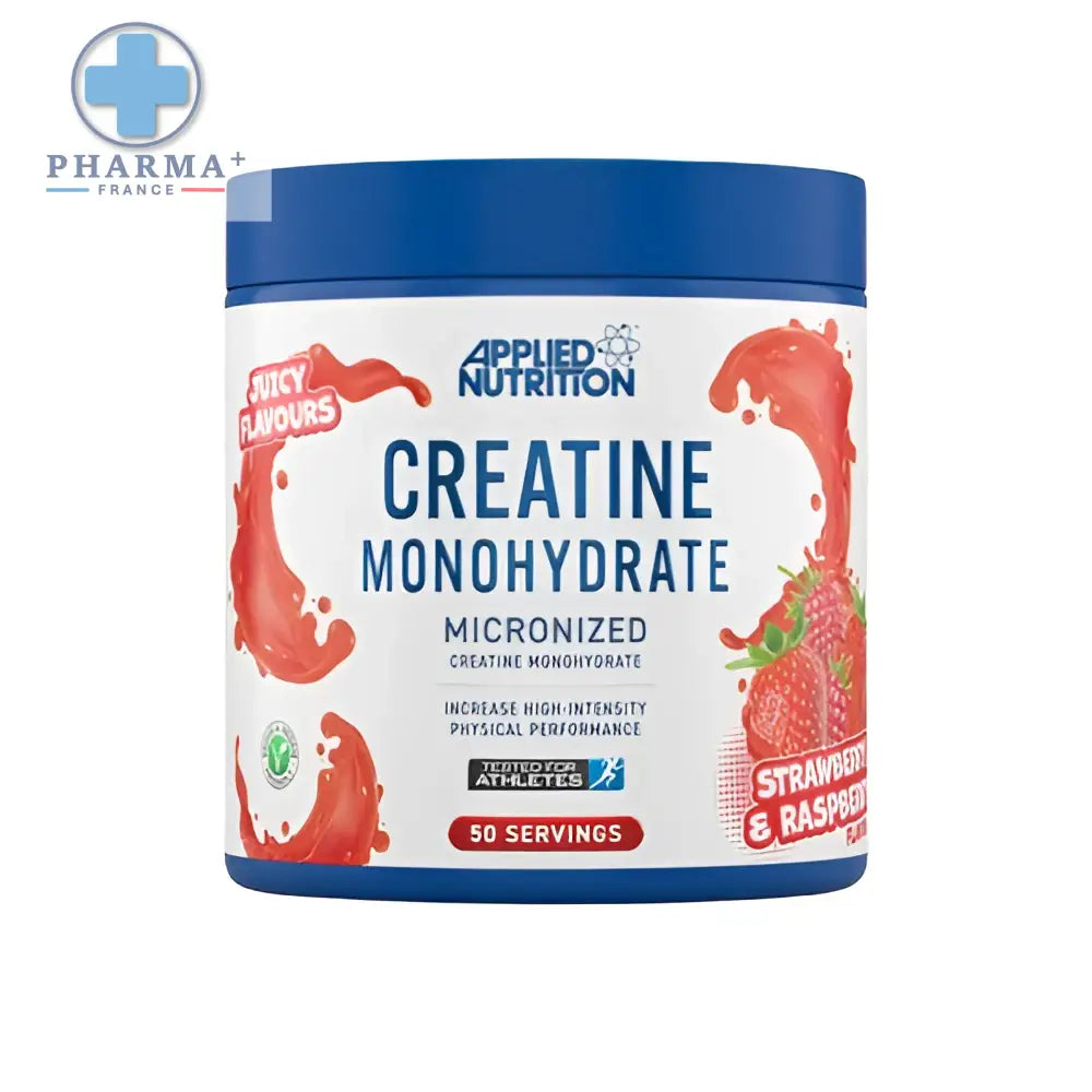 Applied nutrition créatine monohydrate saveur fraise framboise en poudre dans un pot blanc à couvercle bleu avec motifs rouges