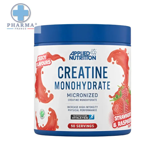 Applied nutrition créatine monohydrate saveur fraise framboise en poudre dans un pot blanc à couvercle bleu avec motifs rouges