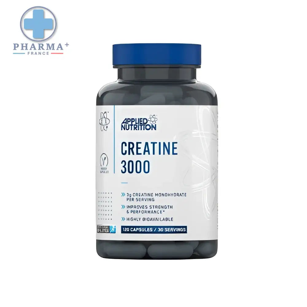 Bouteille de supplément applied nutrition créatine performance 3000 avec 120 gélules et bouchon bleu
