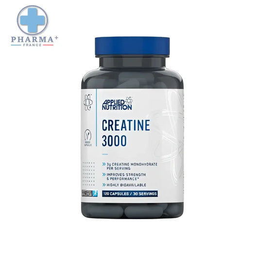 Bouteille de supplément applied nutrition créatine performance 3000 avec 120 gélules et bouchon bleu