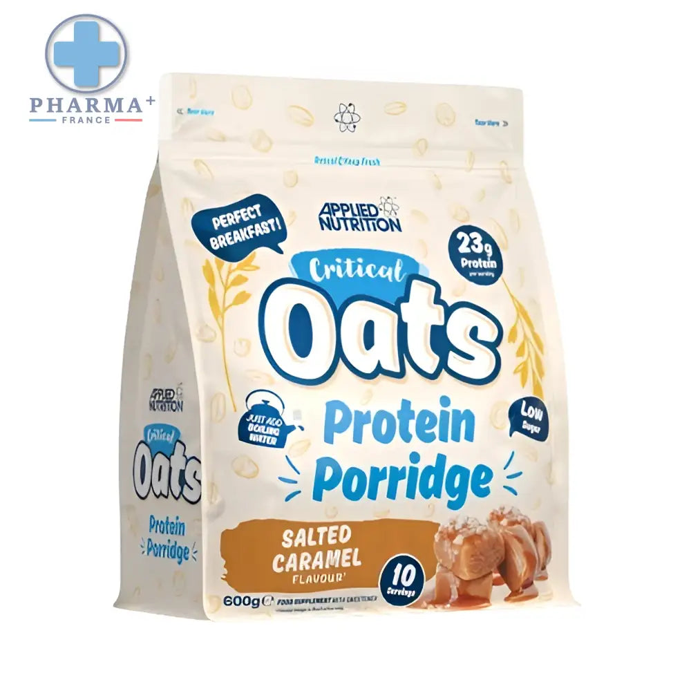 Applied nutrition critical oats porridge protéiné caramel salé 60 g en sachet beige et bleu avec haut refermable