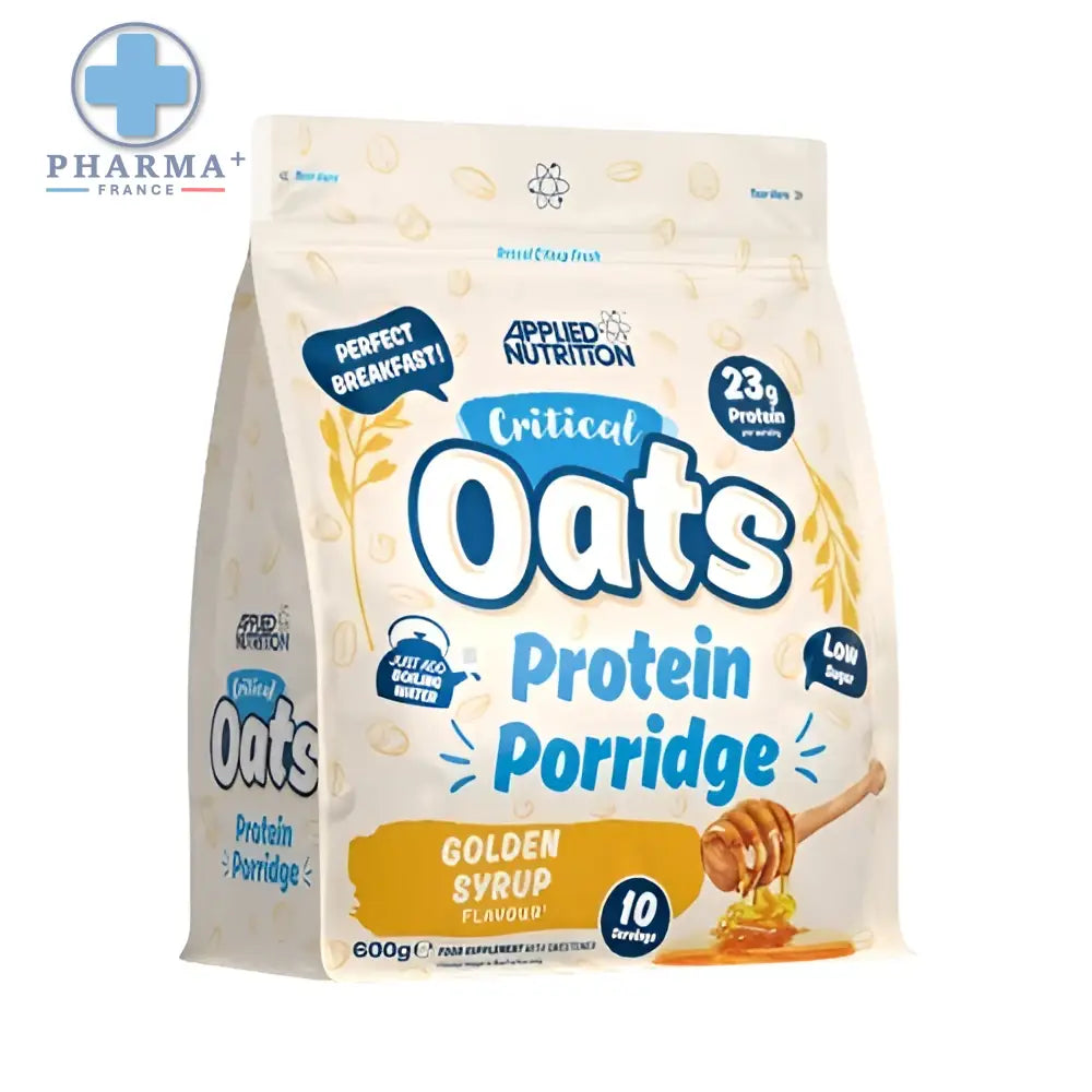 Un sachet blanc crème de porridge protéiné applied nutrition critical oats saveur golden syrup avec lettrage bleu et illustration d un filet de miel