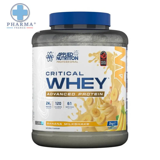 Un pot de 2 kg de applied nutrition critical whey saveur banana milkshake avec un couvercle bleu et étiquette banane