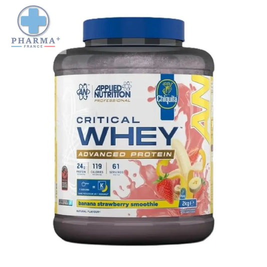Conteneur marron foncé de 2 kg de applied nutrition critical whey advanced protein saveur banana strawberry smoothie avec étiquette colorée