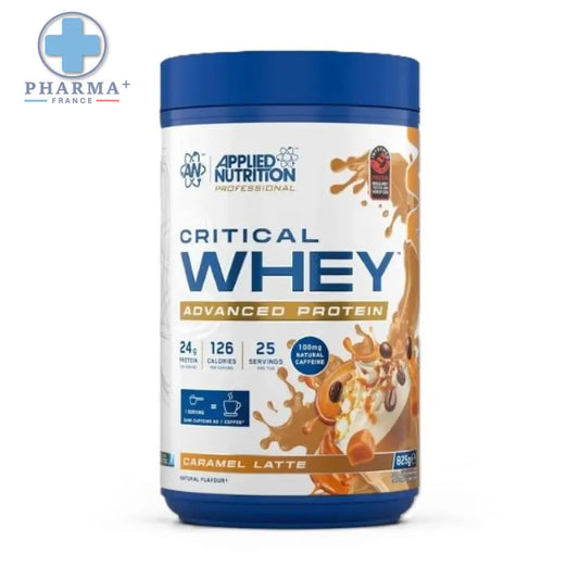 Applied nutrition critical whey protéine caramel latte 2 kg en poudre dans un contenant cylindrique bleu avec étiquette blanche et or