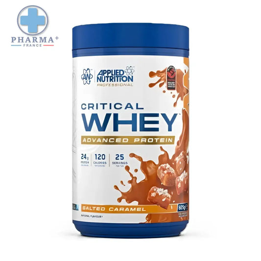 Bocal bleu appliqué nutrition critical whey advanced protéine caramel salé 2 kg pour nutrition sportive