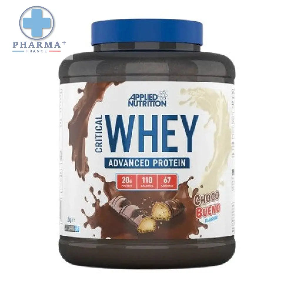 Conteneur marron foncé avec couvercle bleu et étiquette choco bueno applied nutrition critical whey protéine 2 kg