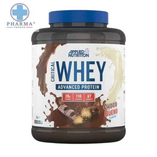 Conteneur marron foncé avec couvercle bleu et étiquette choco bueno applied nutrition critical whey protéine 2 kg