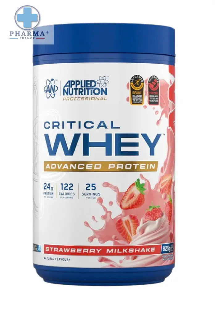 Contenant cylindrique bleu de applied nutrition critical whey advanced protéine saveur strawberry milkshake 2 kg