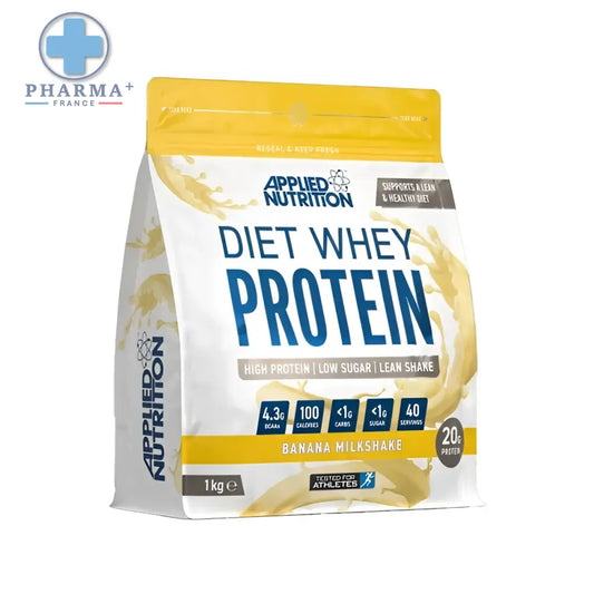 Applied nutrition diet whey protéine banane milkshake 1 kg en sachet avec emballage jaune et blanc