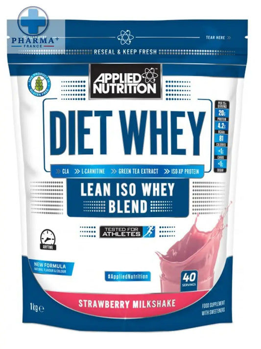 Pochette blanche et bleue de applied nutrition diet whey protéine saveur strawberry milkshake pour nutrition sportive