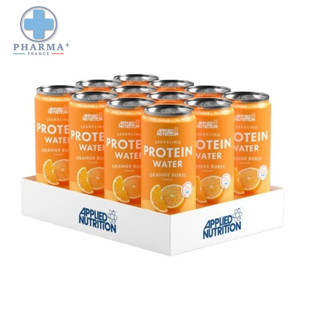 Canettes en aluminium orange applied nutrition sparkling eau protéinée pétillante saveur orange burst 330 ml
