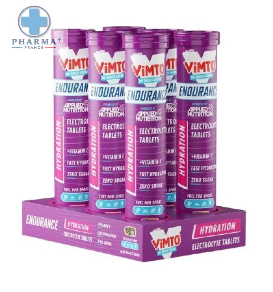 Tubes cylindriques violets de comprimés applied nutrition endurance hydratation aux électrolytes vimto au design blanc et bleu clair