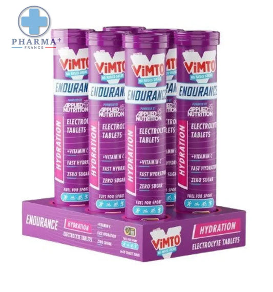 Tubes cylindriques violets de comprimés applied nutrition endurance hydratation aux électrolytes vimto au design blanc et bleu clair