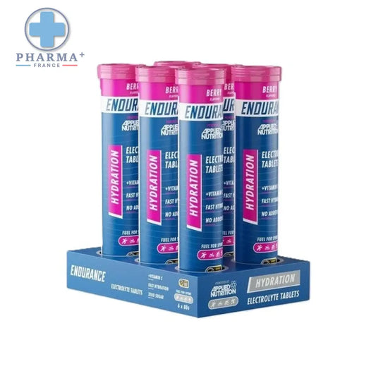 Tubes cylindriques bleus et roses de comprimés électrolytes applied nutrition endurance hydratation pomme 20 comprimés