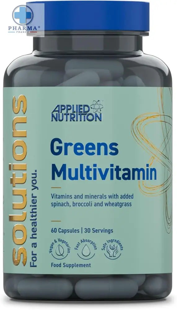 Applied nutrition greens complément alimentaire multivitamines 60 capsules véganes avec bouchon bleu et étiquette vert clair