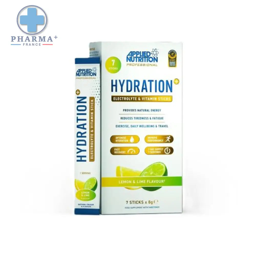 Applied nutrition hydration poudre stick packs citron vert boite blanche avec accents bleus pour electrolytes et vitamines