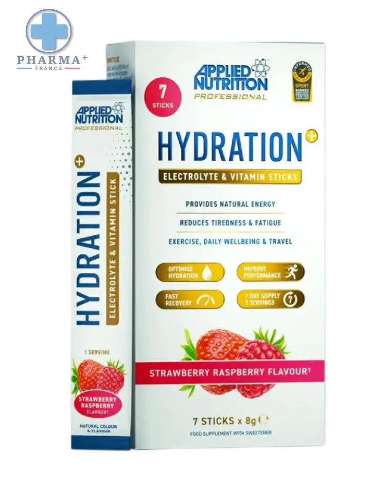 Packaging blanc et bleu pour applied nutrition hydration electrolytes en sticks saveur fraise framboise