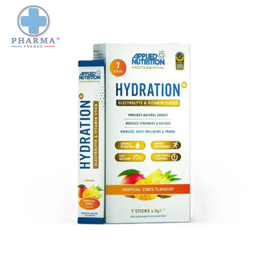 Emballages blanc et orange pour applied nutrition hydration électrolytes tropical vibes sticks professionnels