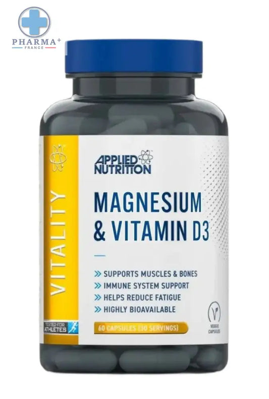 Bouteille de applied nutrition magnésium et vitamine d3 60 capsules avec capsules gris foncé et étiquette blanche à rayures jaunes