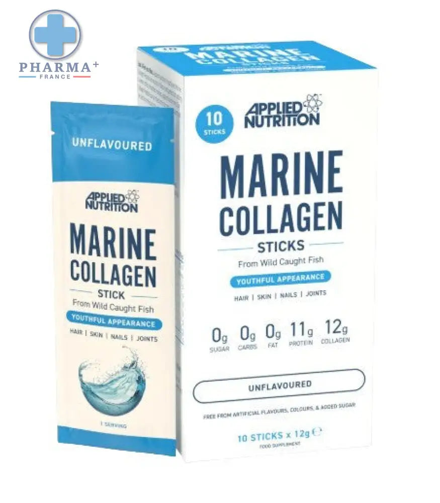 Applied nutrition marine collagène en bâtonnets bleu et blanc complément alimentaire pour la peau et les articulations