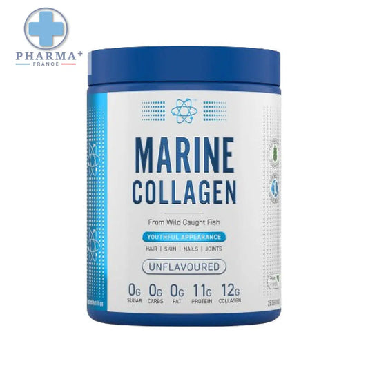 Blue container of applied nutrition marine collagen powder unflavored sourced from wild-caught fish 300 g