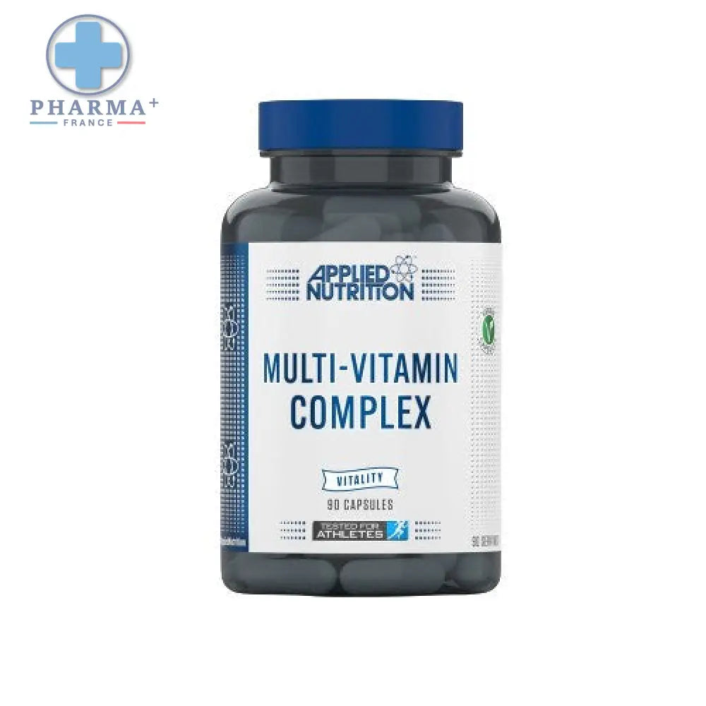 Bouteille applied nutrition multi-vitamine complexe multivitaminé avec capsule 90 transparente et bouchon bleu foncé