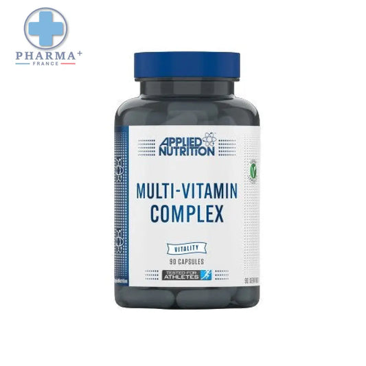 Bouteille applied nutrition multi-vitamine complexe multivitaminé avec capsule 90 transparente et bouchon bleu foncé