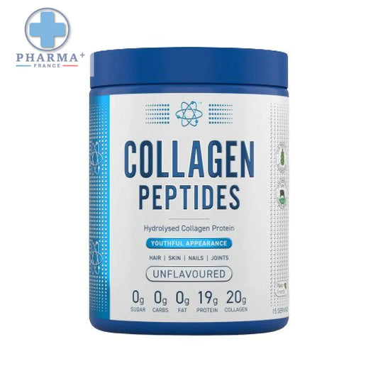 Blue cylindre contenant peptides de collagène non aromatisés applied nutrition avec étiquette blanche et texte bleu marine