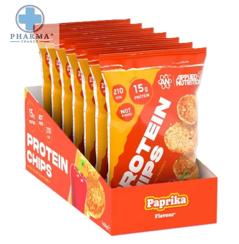 Paquets orange vif et jaune de applied nutrition protéine chips saveur paprika présentés dans une boîte rouge