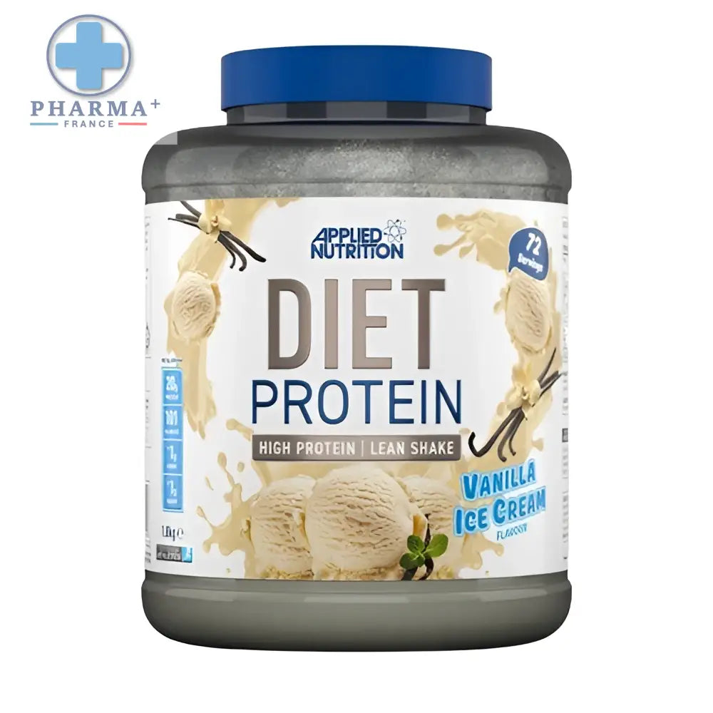 Un pot de protéine sport applied nutrition saveur vanilla ice cream avec couvercle bleu et illustrations de glace vanille