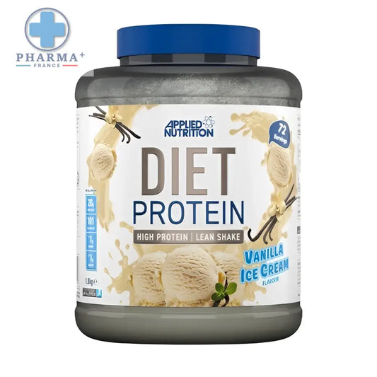 Un pot de protéine sport applied nutrition saveur vanilla ice cream avec couvercle bleu et illustrations de glace vanille
