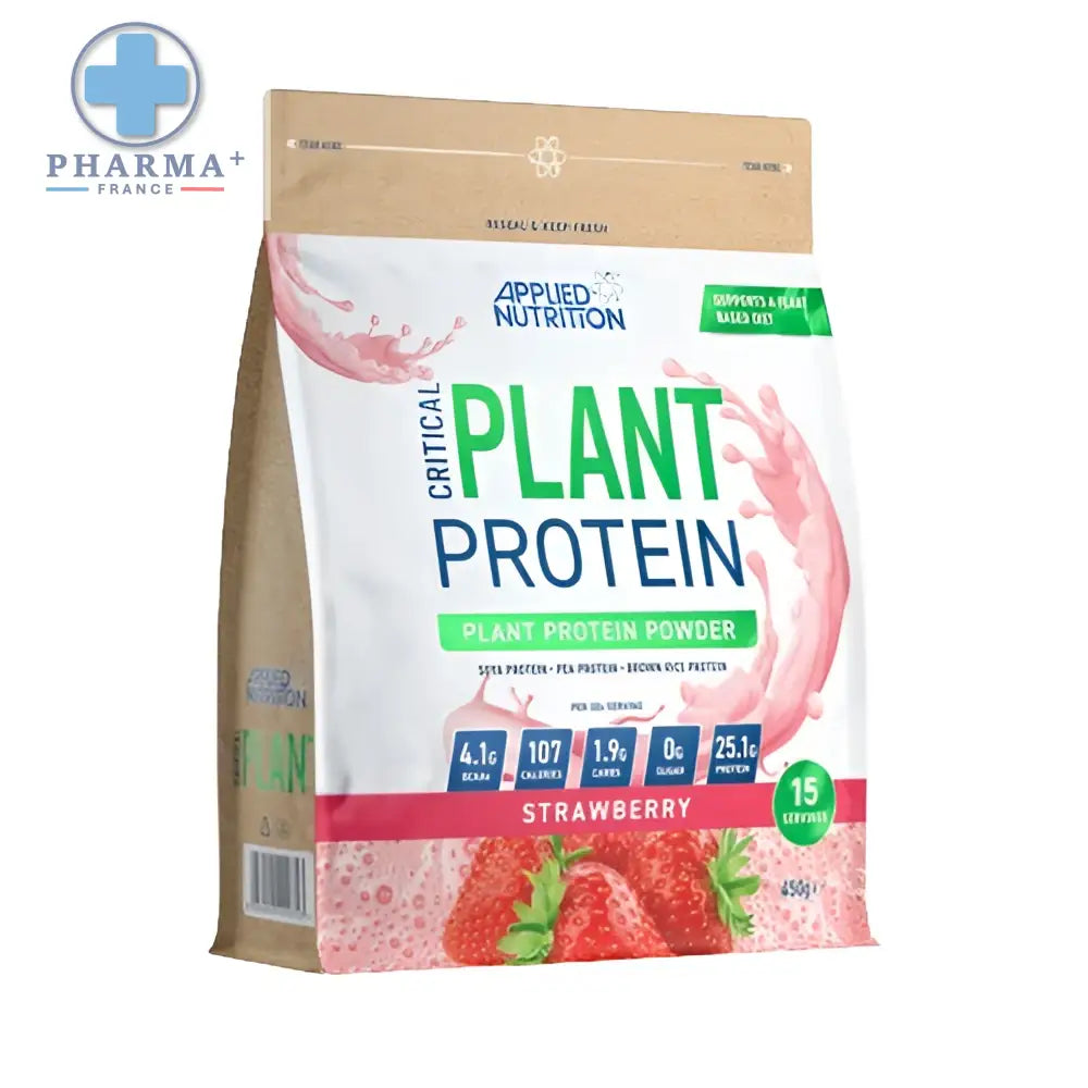 Sachet de protéine végétale saveur fraise applied nutrition avec graphismes de fraises rouges sur emballage marron et blanc