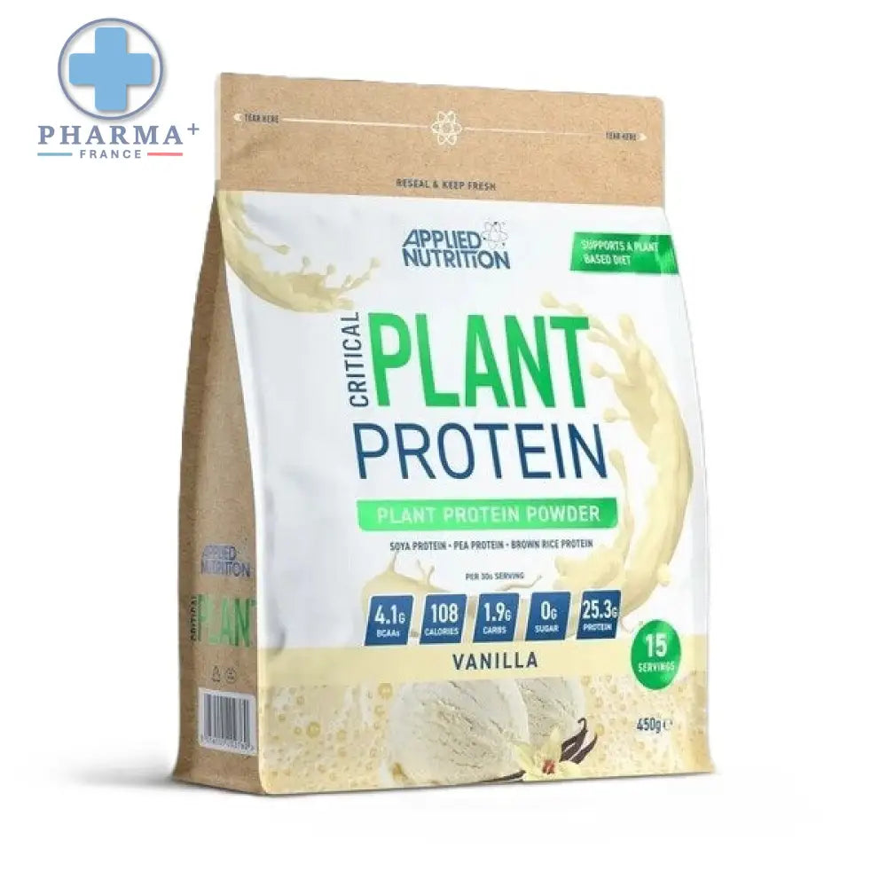 Poudre de protéine végétale vanille applied nutrition dans un sachet refermable brun et blanc avec accents verts 2.1 kg nutrition critical plant