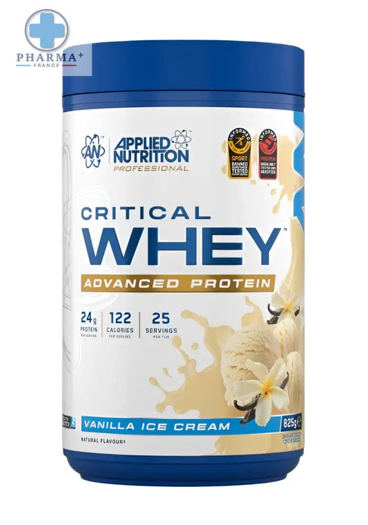 Container bleu et blanc de protéine de lactosérum avancée critical whey saveur vanilla ice cream 2 kg applied nutrition