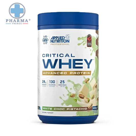 Poudre de protéine whey avancée applied nutrition white choc pistachio en pot cylindrique bleu de 2 kg