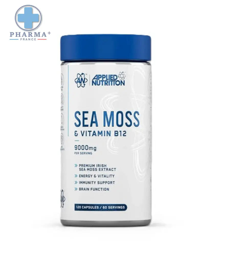 Bouteille blanche cylindrique à bouchon bleu de applied nutrition sea moss et vitamine b12 complément 60 gélules