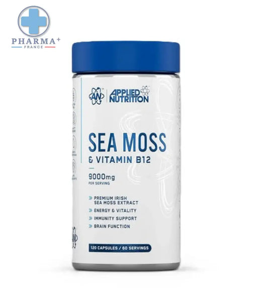 Bouteille blanche cylindrique à bouchon bleu de applied nutrition sea moss et vitamine b12 complément 60 gélules