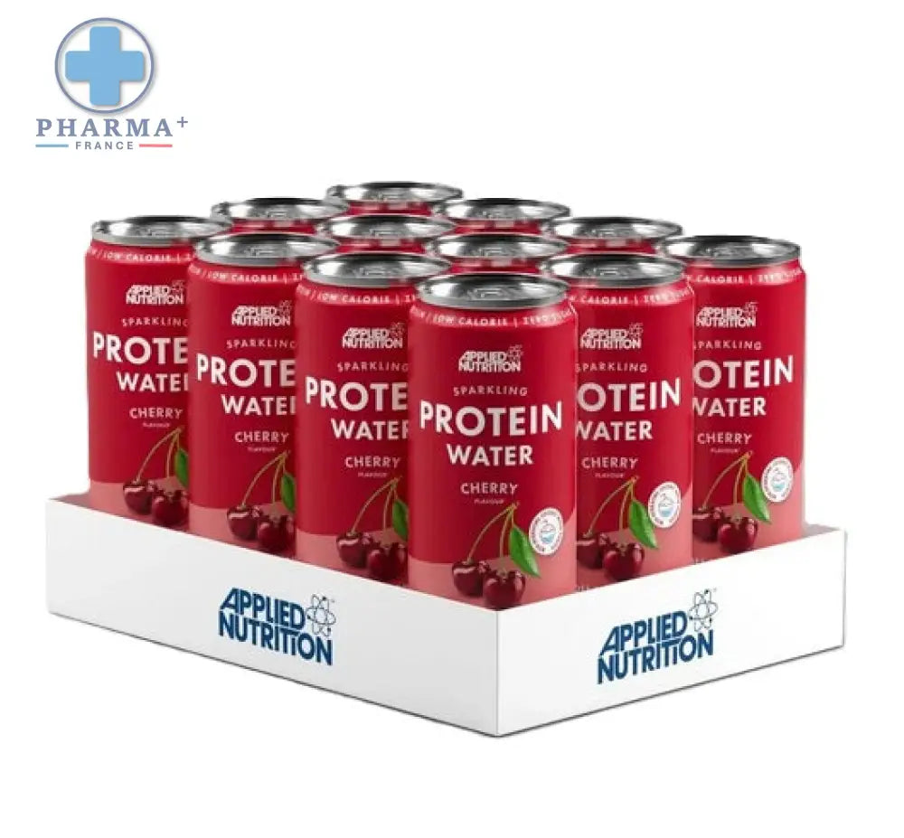 Canettes rouges en aluminium de applied nutrition sparkling protéine eau pétillante cerise avec illustrations de cerises et texte blanc