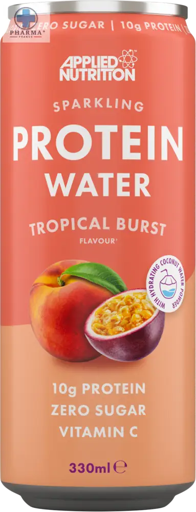 Une canette en aluminium corail de applied nutrition sparkling protéine saveur tropical burst avec pêche et fruit de la passion